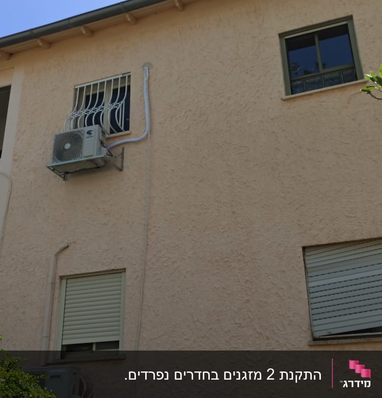 יחידת מיזוג אוויר מותקנת על קיר חיצוני של בניין.